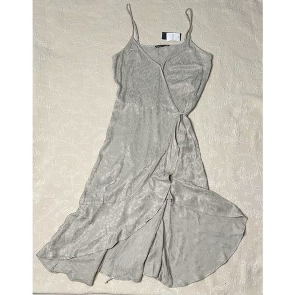 NWT Abercrombie & Fitch Gray Satin Hi-Lo Ruffle Wrap Midi Dress Women L Turkey